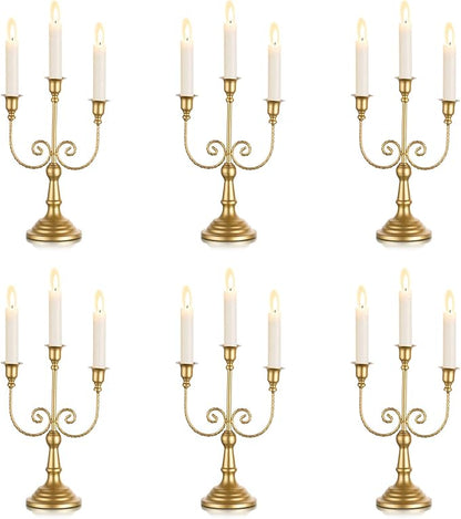 Gold metal 3-arm taper candle holder with curved vine arms and pedestal base.