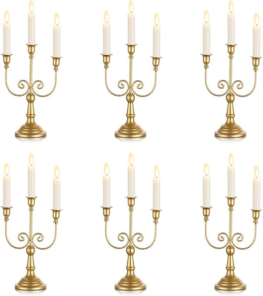 Gold metal 3-arm taper candle holder with curved vine arms and pedestal base.