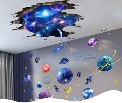 3D Galaxy Wall Decals – Removable Blue & Purple Milky Way Space Wall Stickers | 4 Sheets | Kids Bedroom & Living Room Decor