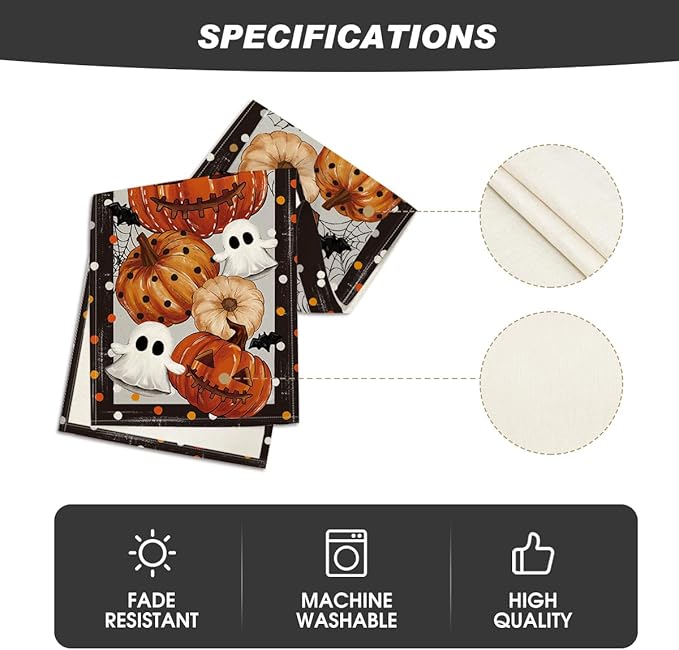 Folded Halloween table runner shown on packaging with care and quality icons