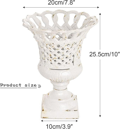 Antique white cast-iron openwork urn planter shape with pedestal base, size diagram view