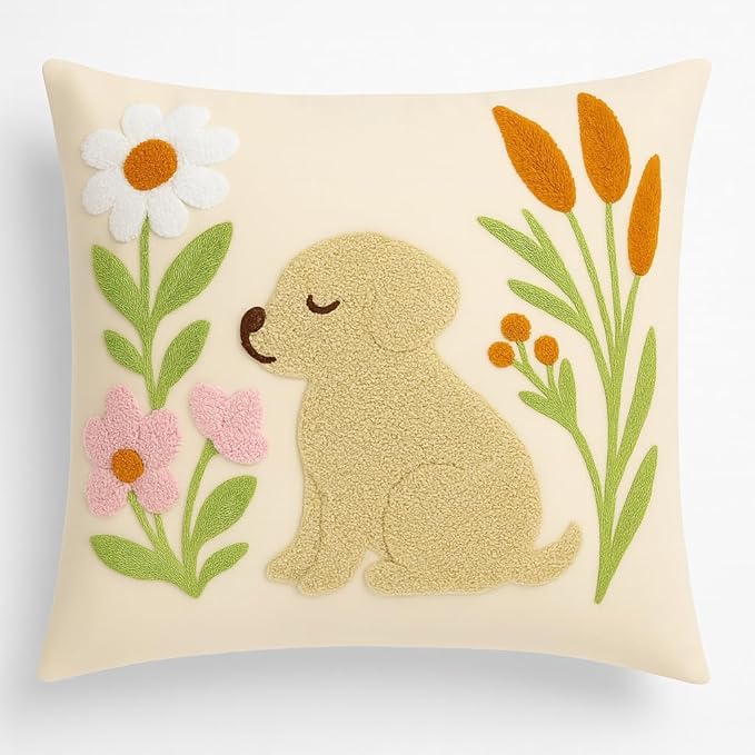 Embroidered dog pillow cover with appliqued flowers on light cream fabric, 18x18 in