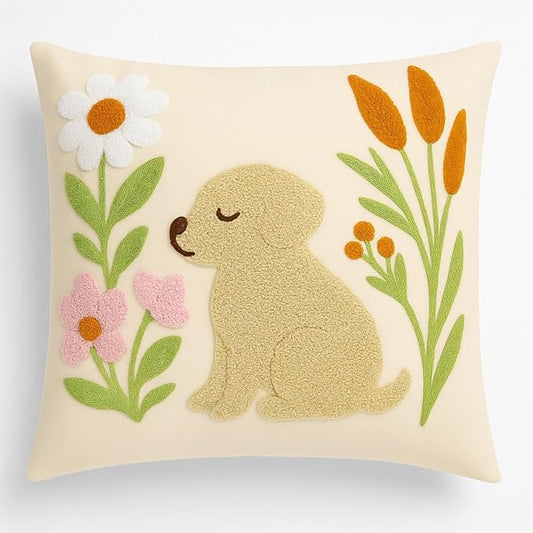 Embroidered dog pillow cover with appliqued flowers on light cream fabric, 18x18 in