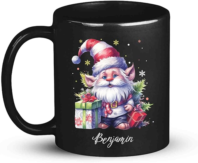 Black ceramic mug with holiday gnome graphic and name Benjamin on front