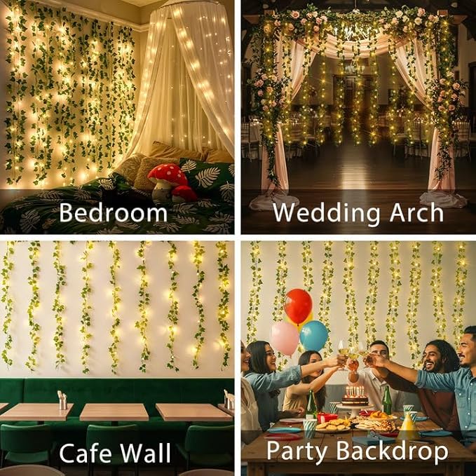 Ivy Vine Fairy Lights – 6.5ft x 6.5ft 200 LED Warm White | Pre-Strung Leaf Curtain Lights | Remote Timer Dimmer | Bedroom Dorm Wedding Party Wall Decor