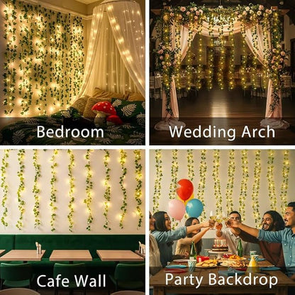 Ivy Vine Fairy Lights – 6.5ft x 6.5ft 200 LED Warm White | Pre-Strung Leaf Curtain Lights | Remote Timer Dimmer | Bedroom Dorm Wedding Party Wall Decor