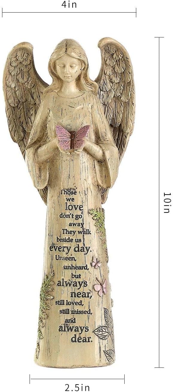 Resin angel figurine with pink butterfly, shown with 10-inch height and 4-inch width measurements.