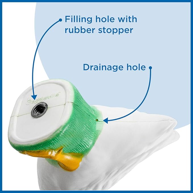 White goose statue underside with rubber-stopper filling hole and drainage hole