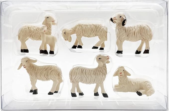 Set of 6 Sheep Garden Figurines - Resin Farm Animal Outdoor Decor