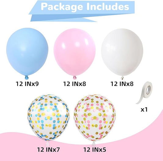 Pink & Blue Confetti Balloon Set – 35pcs 12" | Pastel Pink Blue White & Gold Confetti | Gender Reveal Baby Shower Birthday Bachelorette