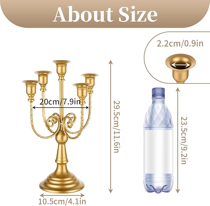 Matte gold 5-stem candelabra with pedestal base, shown with size diagram
