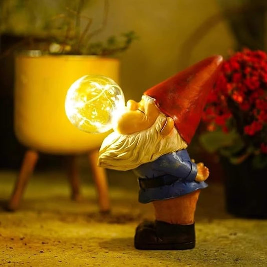 LED solar garden gnome statue with red hat, holding glowing bubble lantern