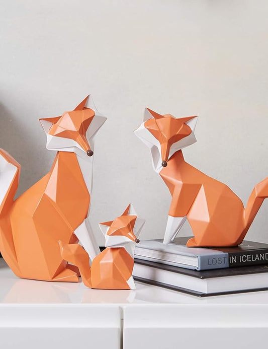 Geometric Fox Figurine - Hand-Painted Red and White Polyresin Animal Sculpture for Desk, Shelf, Bookcase, and Home Decor
