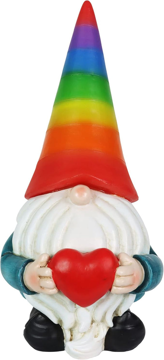 Solar garden gnome statue with red heart, blue sleeves, and rainbow LED hat