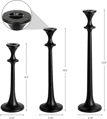Set of 3 black taper candle holders, staggered heights with dimensioned views