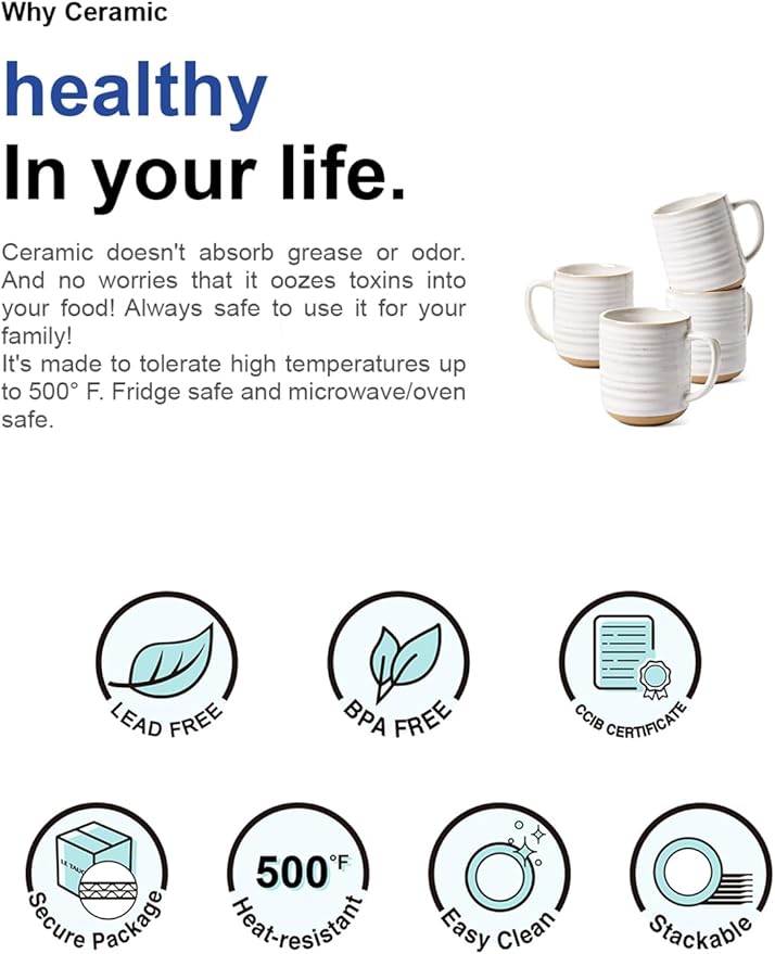 Arctic white stackable ribbed ceramic mug set with safety icons