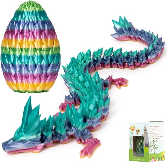 Rainbow 3D printed egg collectible with hinged crystal-like articulated dragon