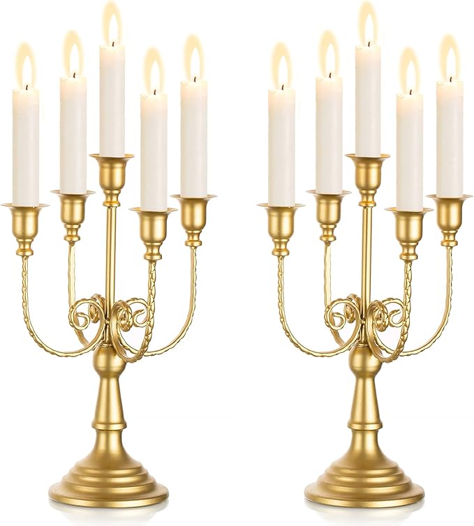 Matte gold 5-candle metal candelabra set with curved vine arms and round pedestal base