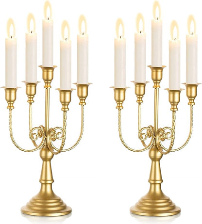 Matte gold 5-candle metal candelabra set with curved vine arms and round pedestal base