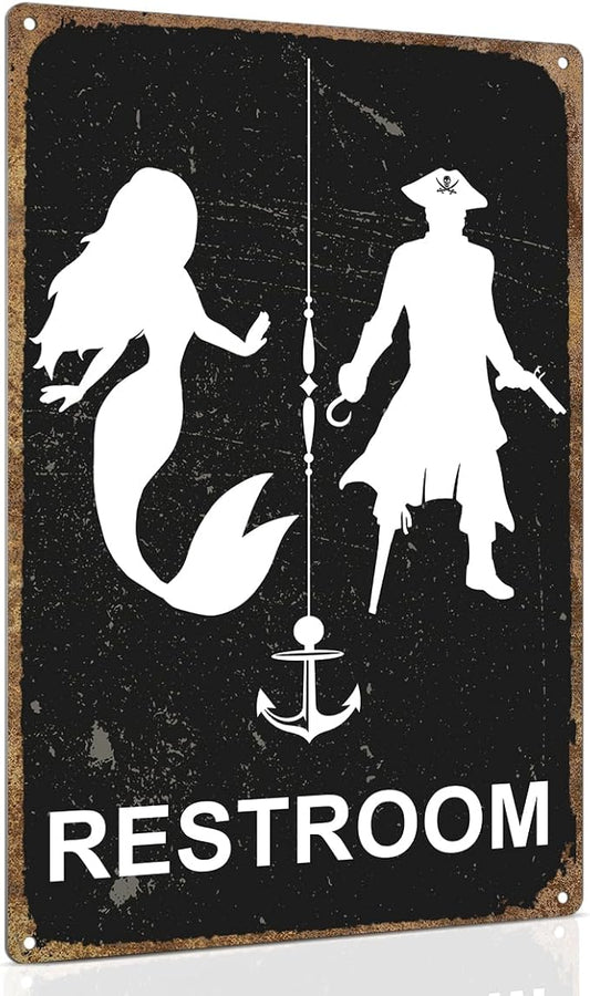 Mermaid & Pirate Nautical Restroom Sign – 8x12" Aluminium | Fun Vintage Bathroom Door Sign for Ocean Beach Ship Themed Decor