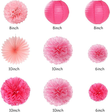 Hot Pink Birthday Party Decoration Kit – 14pcs | Paper Flowers Fans Lanterns Garland Streamers | Girls Women Sweet 16 18th 21st Princess Party