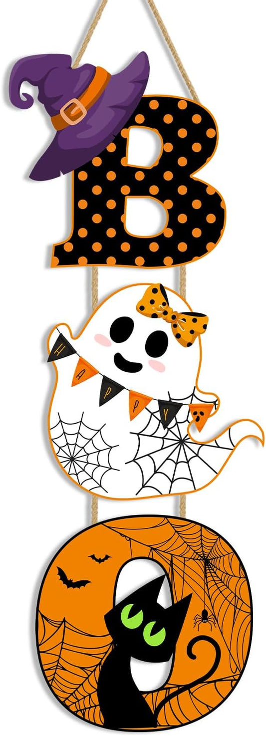 Wooden Halloween door hanging sign set with B letter, ghost dog, and jack-o-lantern