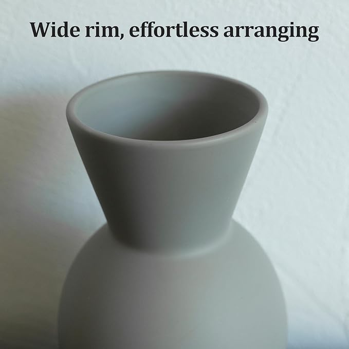 Matte ceramic vase with wide rim in light gray