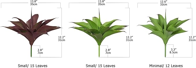 Artificial agave plants shown in three sizes, purple-red leaves and green stems.