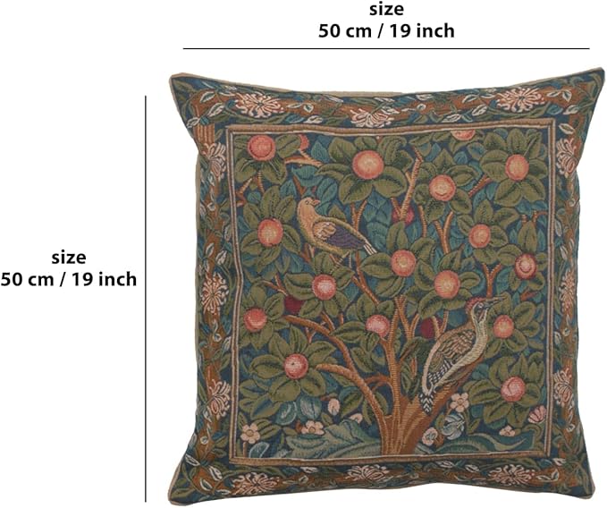 Square decorative tapestry pillow cover, green bird and fruit branches, size 19 in