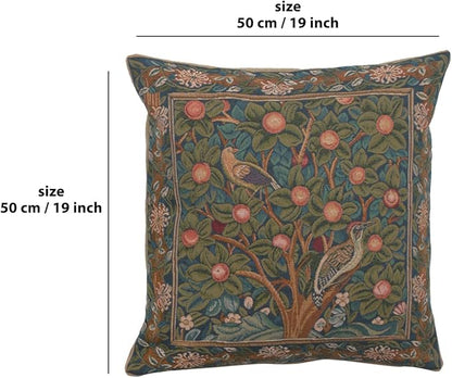 Square decorative tapestry pillow cover, green bird and fruit branches, size 19 in