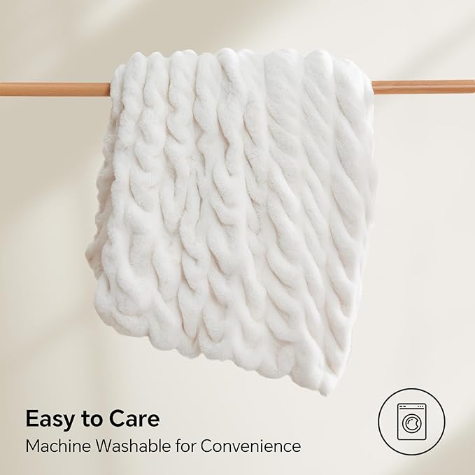 Cream Boho Ruched Faux Fur Throw Blanket – 50"x60" | Elastic Spandex Blend | Body-Conforming Fluffy Blanket | Stylish Couch Throw for Women