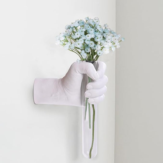 White Hand Wall Vase Sculpture - Modern Wall-Mounted Art with Glass Test Tube Vase for Flowers, Plants, and Decorative Branches