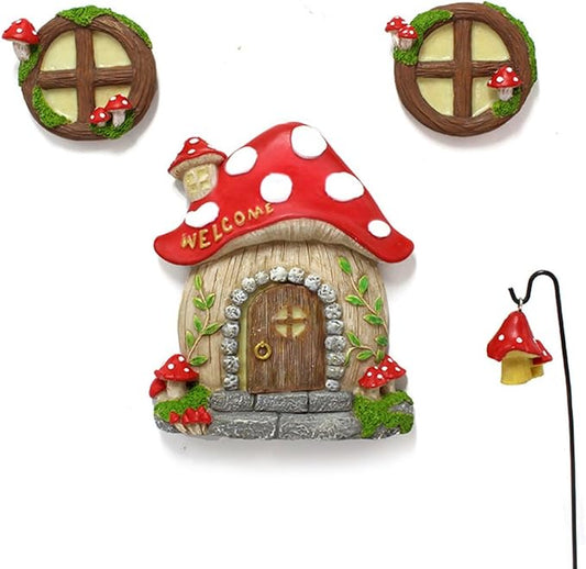 Fairy garden door house decor set with red mushroom roof, two round window plaques, and hanging charm
