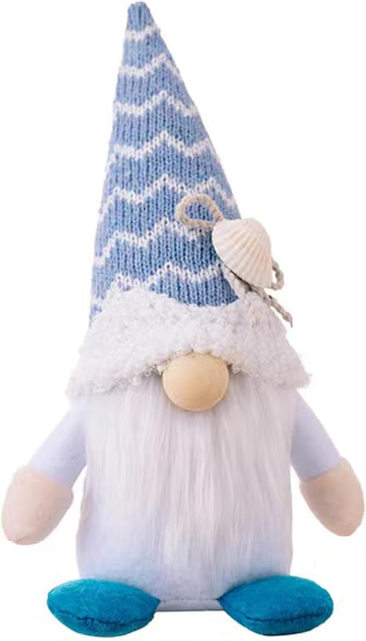 White and light-blue striped beach gnome plush with shell hat and blue feet
