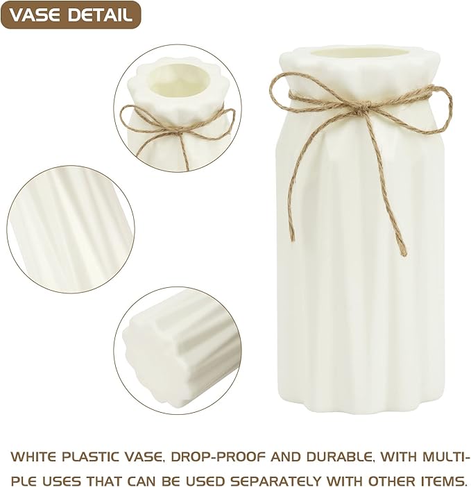 White plastic vase for artificial tulip bouquet, wrapped with beige twine