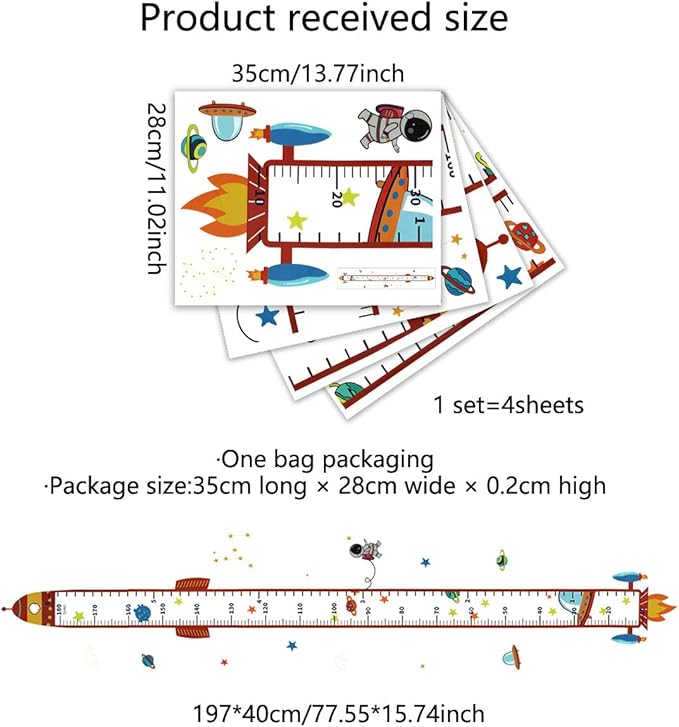 Set of rocket height chart wall decal sheets with measurement graphics and size details