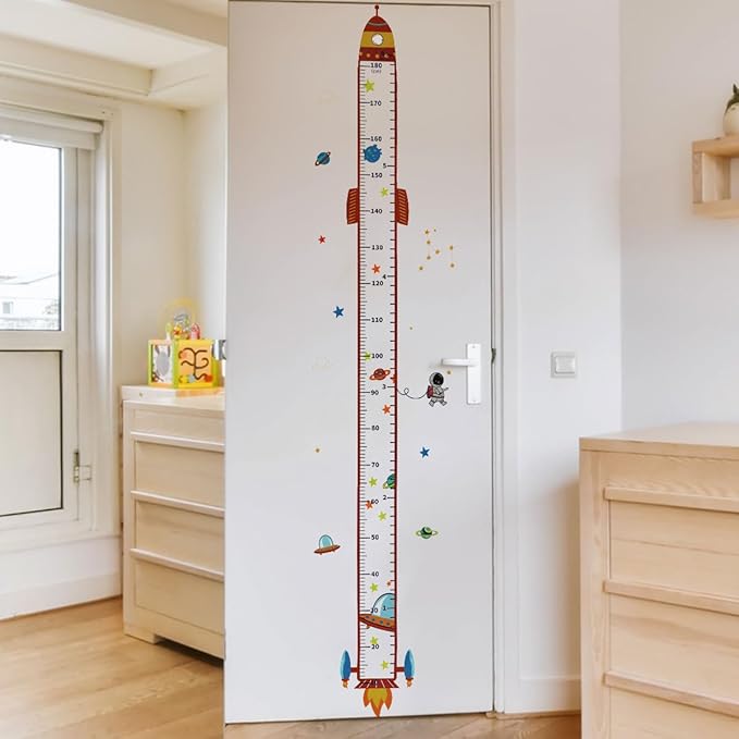Rocket-themed kids height growth chart wall decal sticker with colorful measurement scale