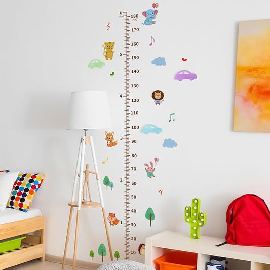 Kids nursery wall growth chart decal sticker with cartoon animals and measuring scale