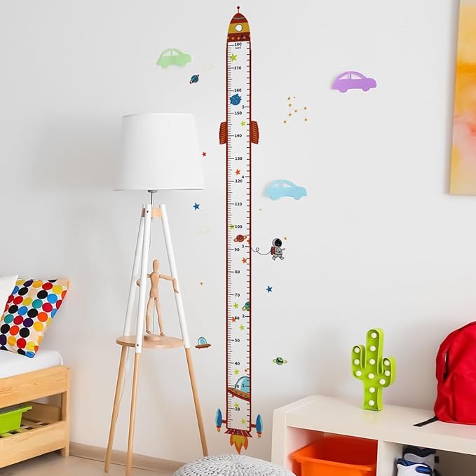 Rocket height growth chart wall decal with stars and small space animal figures, peel-and-stick