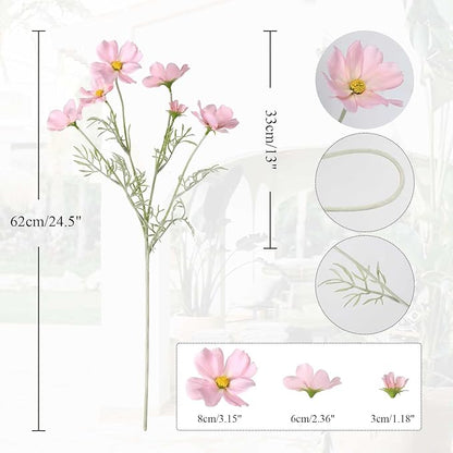 Pink daisy-style faux flower stems set, with size and detail views