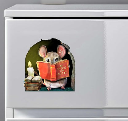 Mouse reading wall sticker on white surface: beige mouse holding red book in green arch