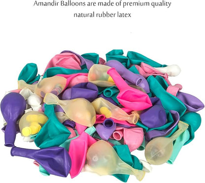 Latex balloon assortment in pink, purple, teal, and aqua with confetti patterns