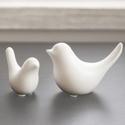 Ceramic white bird figurine set of 2, perched shapes on display base