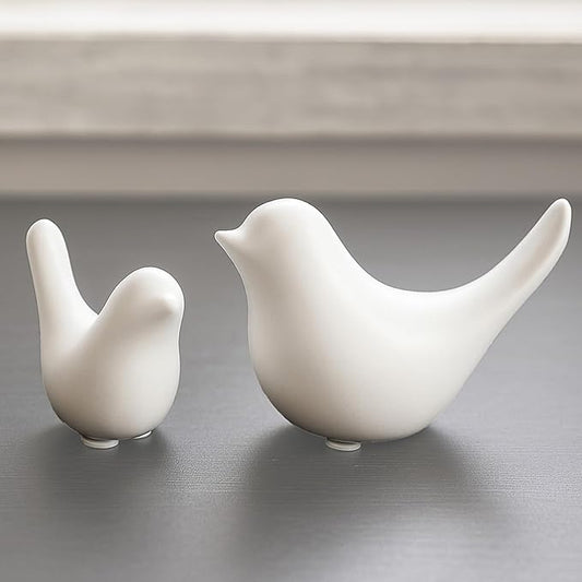 Small White Bird Statues Set of 2 - Ceramic Gold-Coated Figurines for Shelf, Mantel, Desk, and Tabletop Home Decor