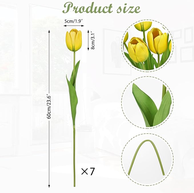 Yellow faux tulip stem bundle with green leaves, height and size measurement diagram