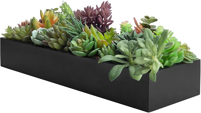 Close-up black wood planter faux succulents with bright green and dark purple rosettes