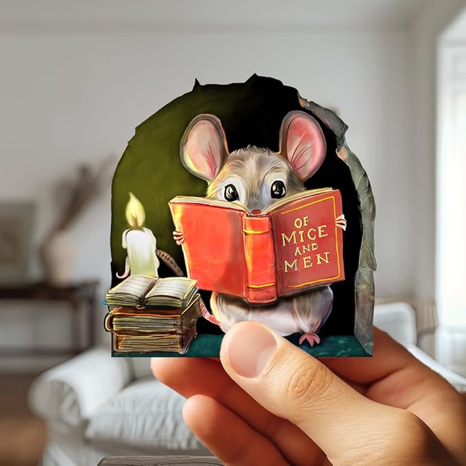 Mouse reading wall sticker held by hand: beige mouse holding red book in green arch