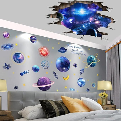 3D Galaxy Wall Decals – Removable Blue & Purple Milky Way Space Wall Stickers | 4 Sheets | Kids Bedroom & Living Room Decor