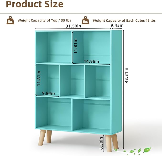 Mint Green 7-Cube Criss-Cross Bookshelf with Legs - Magical Kids Bookcase for Nursery and Fairytale Rooms