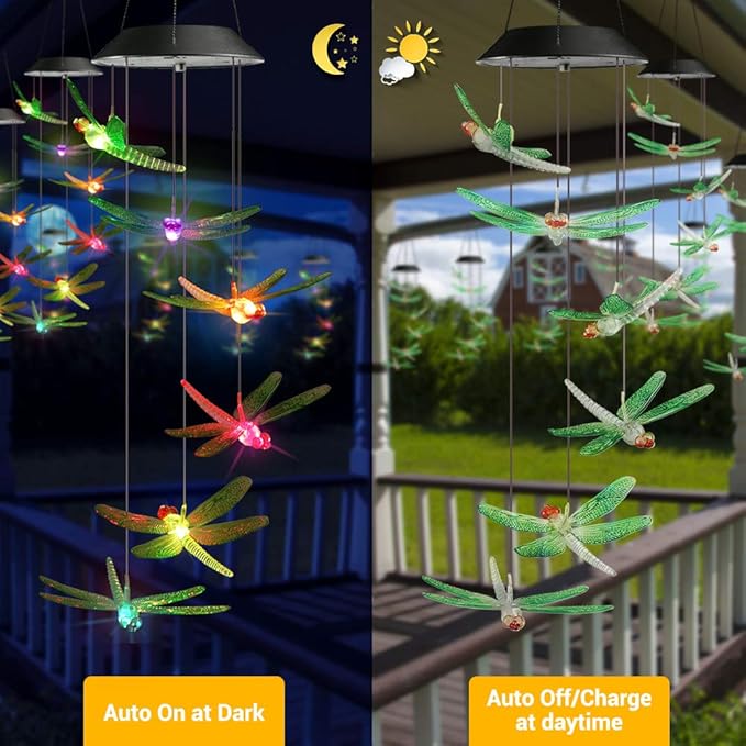 Solar dragonfly wind chimes with multicolor LED glow hanging from a lantern top